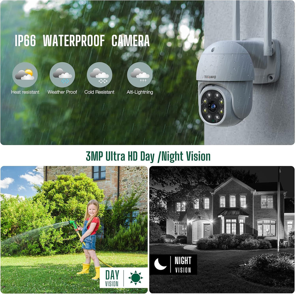 Wireless Security Camera Outdoor with 1TB Hard Drive, 3MP Night Vision, Two-Way Audio, IP66 Waterproof D411