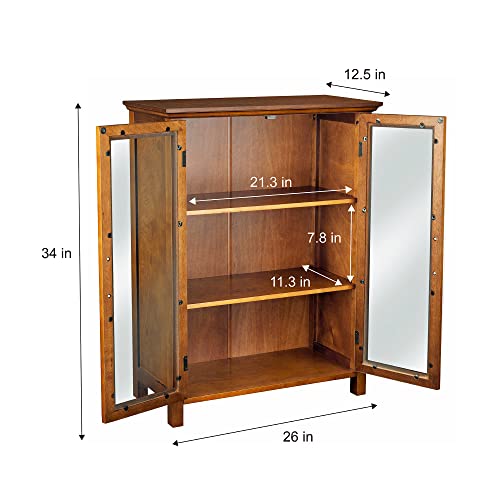 Oiled Oak Wooden Freestanding Floor Cabinet with 2 Adjustable Shelves and 2 Glass Paneled Doors U2275