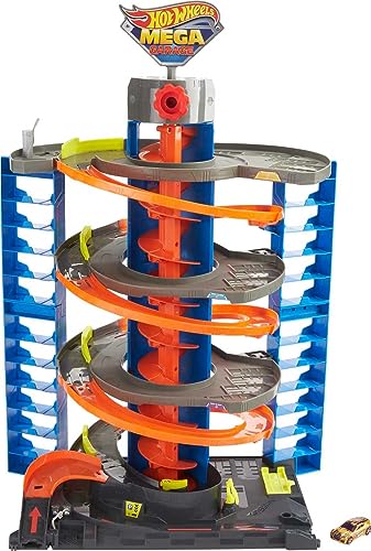 Mega Garage Playset with Corkscrew Elevator & Storage for 60+ Cars, Includes 1 1:64 Scale Vehicle I62701