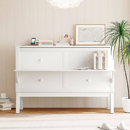 Queen Size Wood Murphy Bed with Bookcase and Storage Drawer W936290