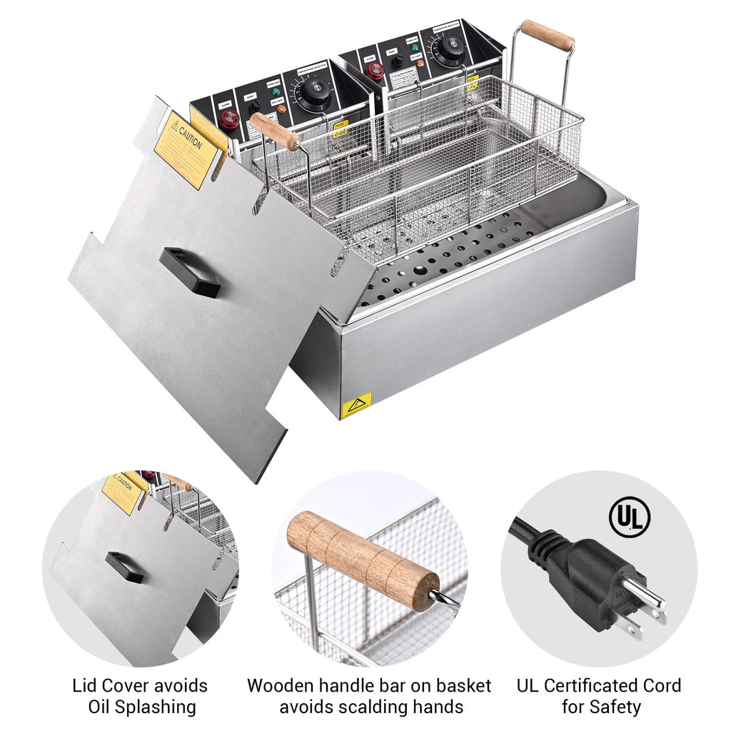 5000W 20L Electric Deep Fryer Stainless Steel Single Large Tank Basket Lid X167209