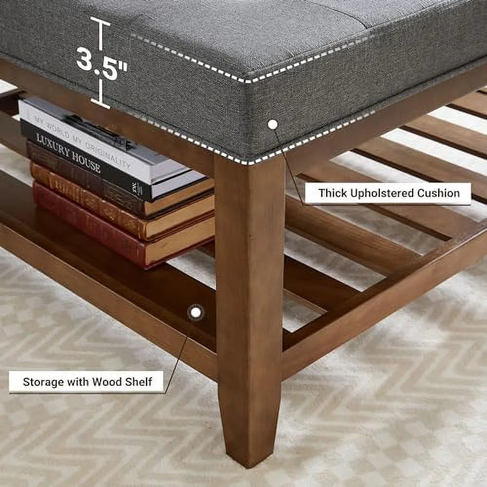 Square Ottoman Coffee Table with Button Tufted Upholstered Linen Wooden Stool Footrest Light Be S28720