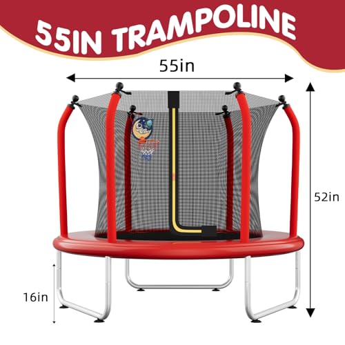 55" Toddler Trampoline with Safety Enclosure Net, Basketball Hoop U682