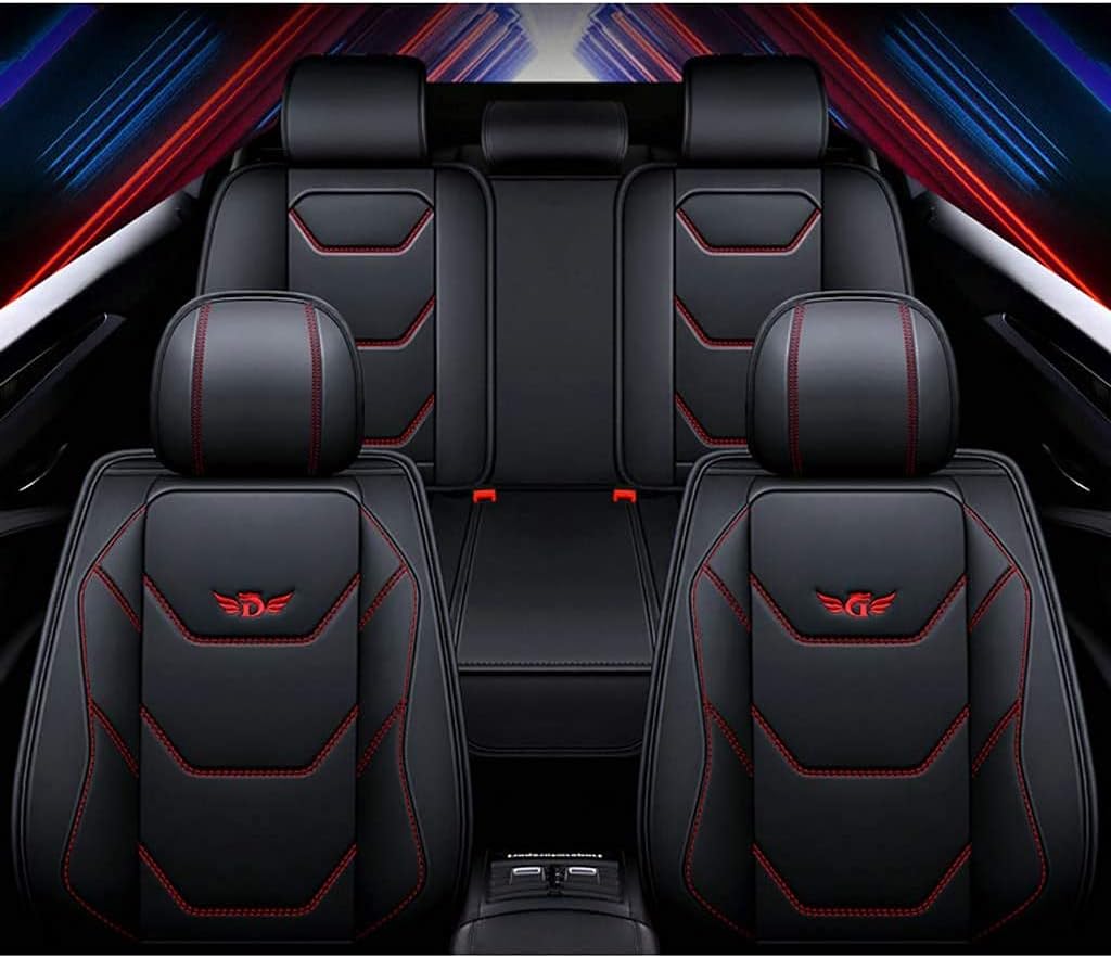 Universal Leather Car Seat Covers, 5 Seat Full Set, Black Red X57905