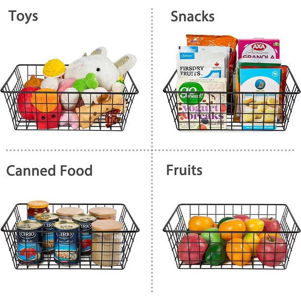 4 Pack Black Metal Wire Storage Baskets with Handles O396