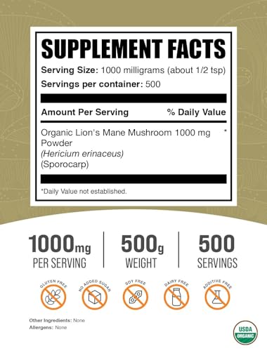 Organic Lions Mane Mushroom Powder, 1000mg per Serving, 500g (1.1 lbs) O73685