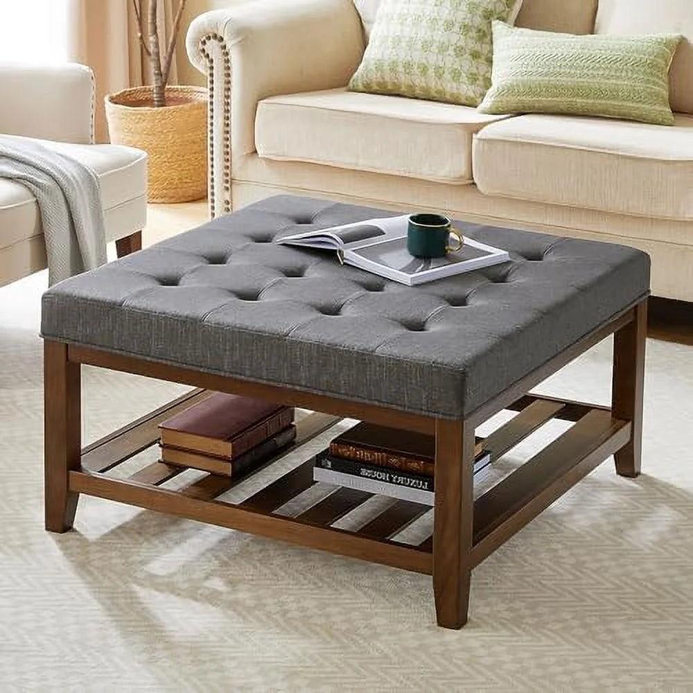 Square Ottoman Coffee Table with Button Tufted Upholstered Linen Wooden Stool Footrest Light Be S28720