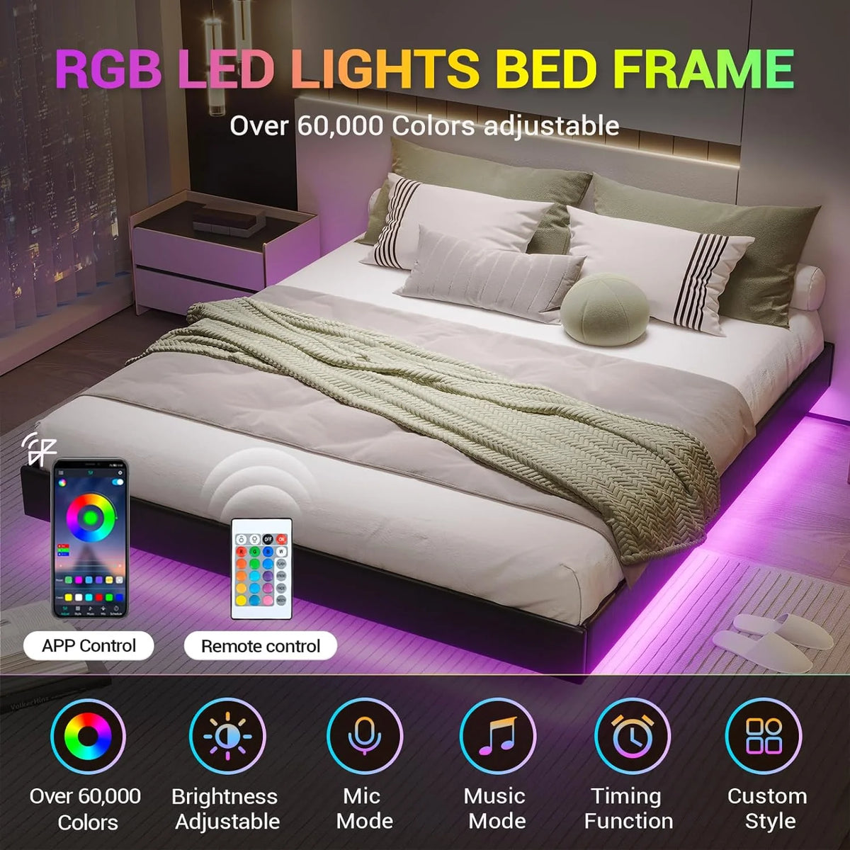 Queen Size Black Faux Leather Upholstered Platform Bed Frame with LED Lights Z2249