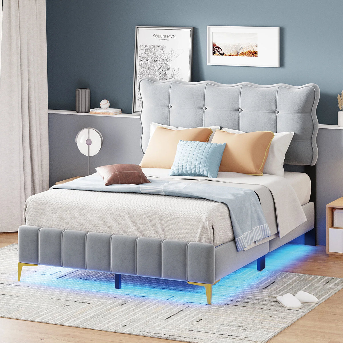 Queen Size Beige Velvet Upholstered Platform Bed with LED U32448