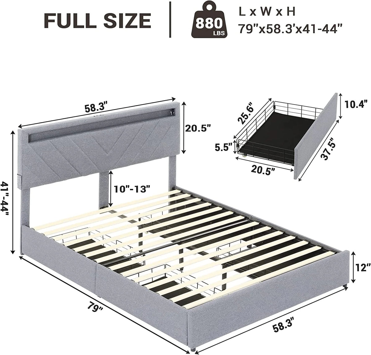 Full Bed Frame with LED Lights Headboard, USB Charging Station and 4 Drawers S969