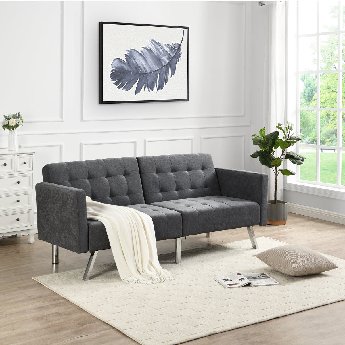 Dark Grey Convertible Linen Sofa Bed A438