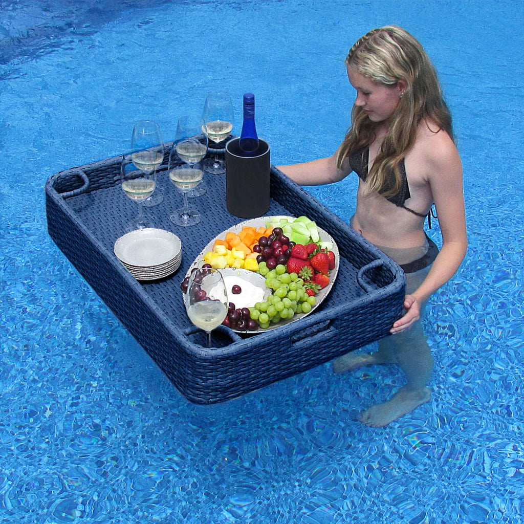 Navy Wicker Floating Pool Tray with Aluminum Frame T145411