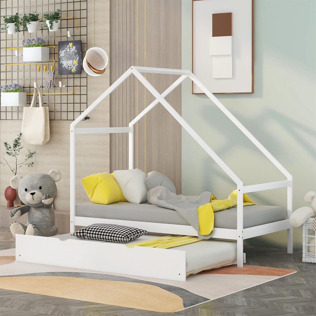 White Wood Twin Size House Bed Frame with Trundle K697995