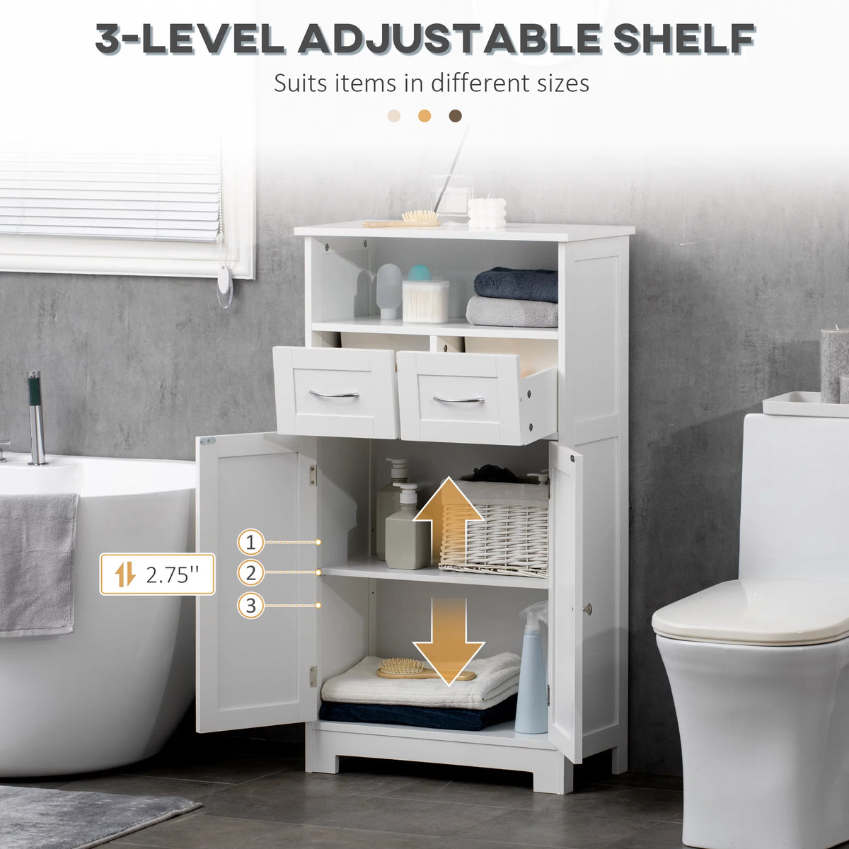 White Freestanding Bathroom Cabinet with Two Drawers and Adjustable Shelf T381