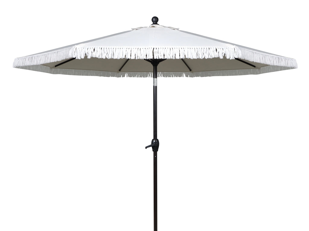 9' Cream Fringe Round Crank Patio Umbrella W8379