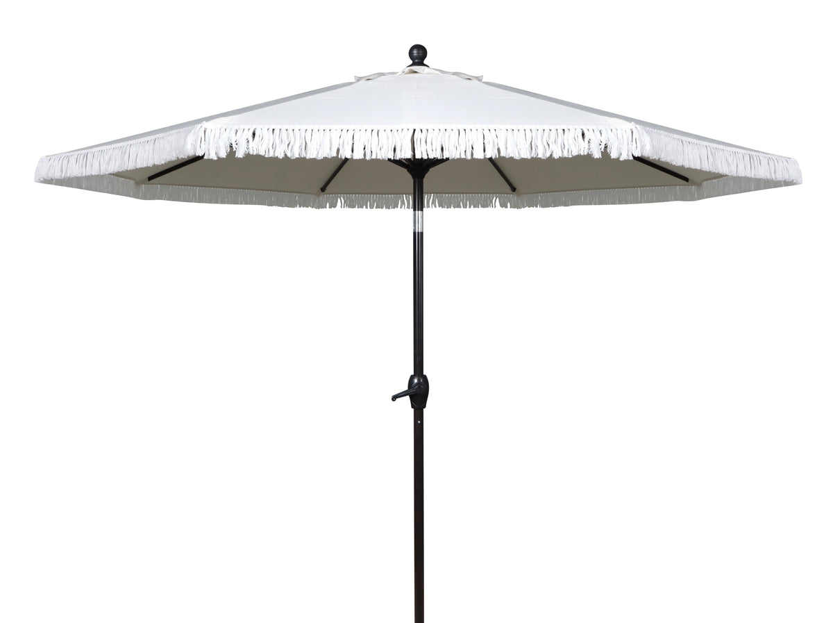 9' Cream Fringe Round Crank Patio Umbrella W8379