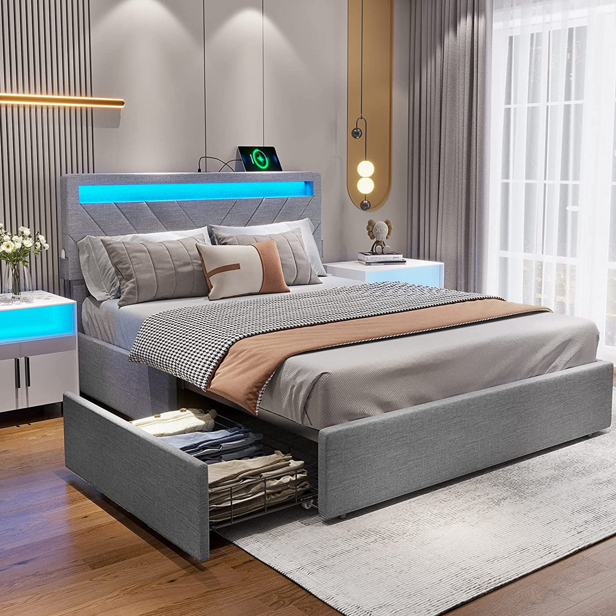 Full Bed Frame with LED Lights Headboard, USB Charging Station and 4 Drawers S969