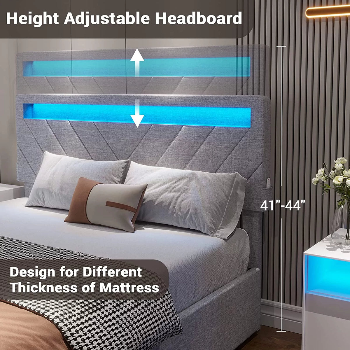 Full Bed Frame with LED Lights Headboard, USB Charging Station and 4 Drawers S969