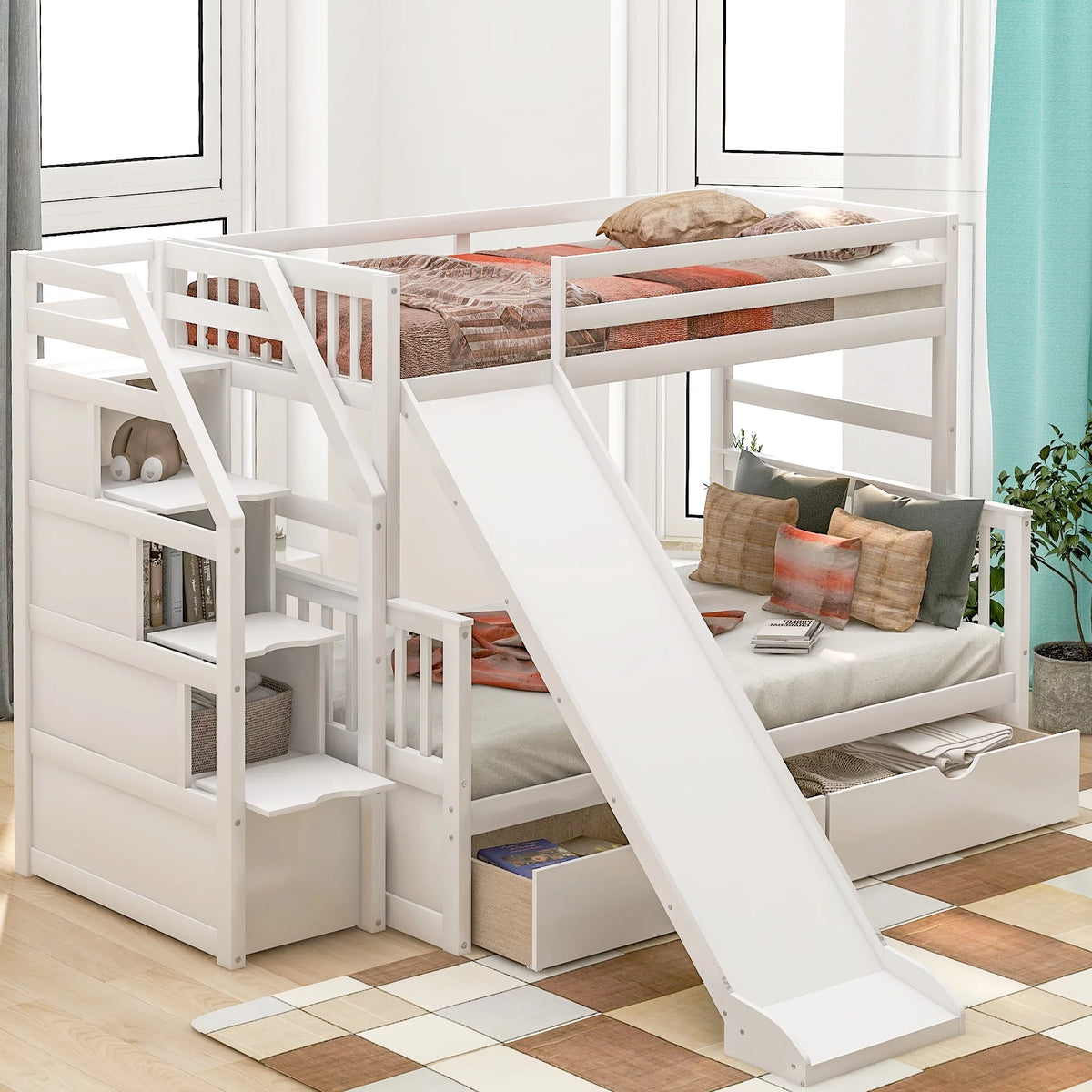 Twin over Full Wood Bunk Bed with Stairs and 2 Drawers U26086