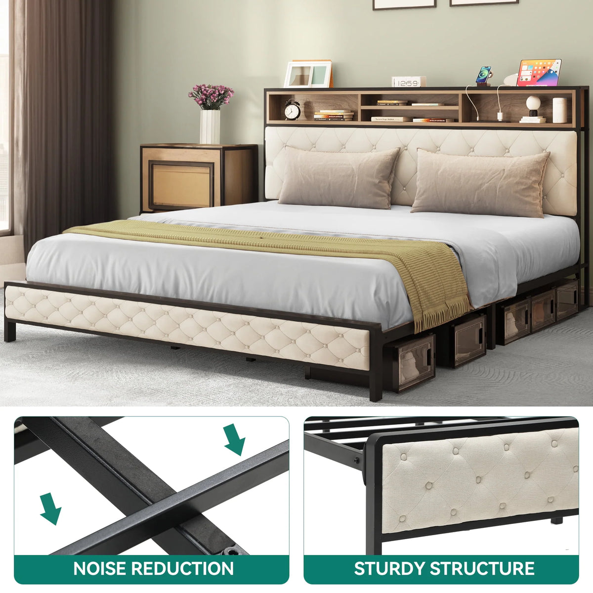 Queen Size Beige Bed Frame with Charging Station and Storage Headboard X3009
