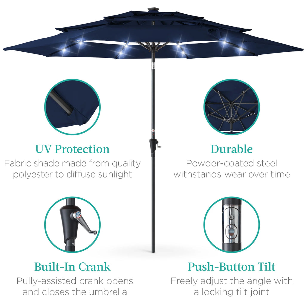 10ft 3-Tier Solar Patio Umbrella with 24 LED Lights X606766