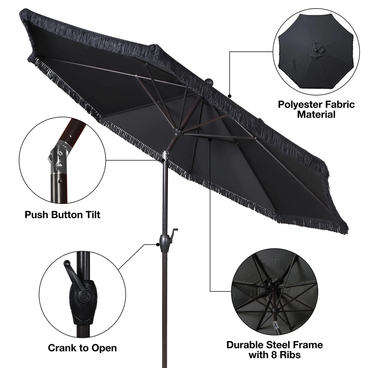 9' Cream Fringe Round Crank Patio Umbrella W8379