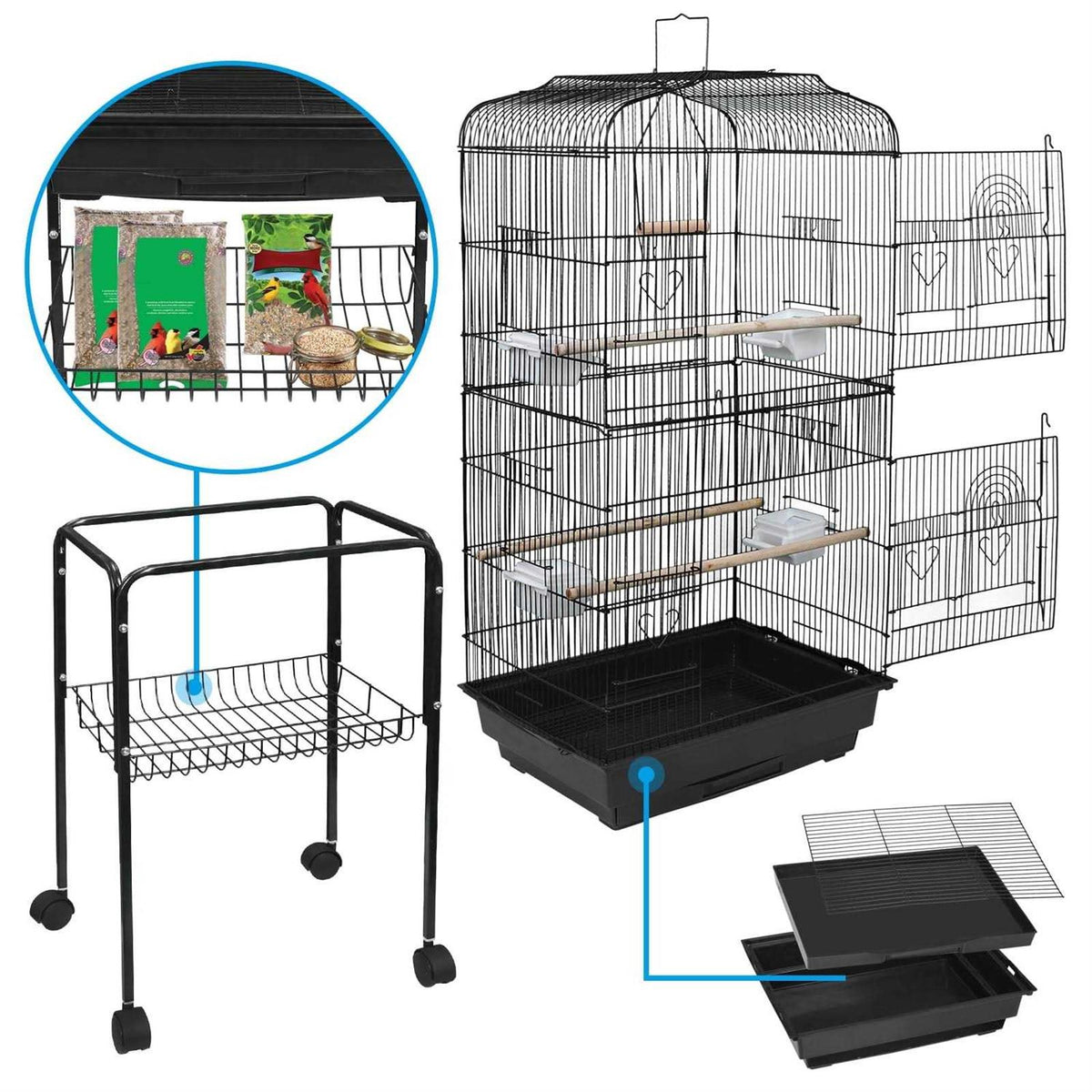 Large Wrought Iron Bird Cage with Rolling Stand L212