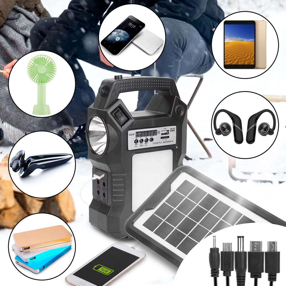 Portable Solar Power Station Rechargeable Power Bank with Flashlight Black H5495