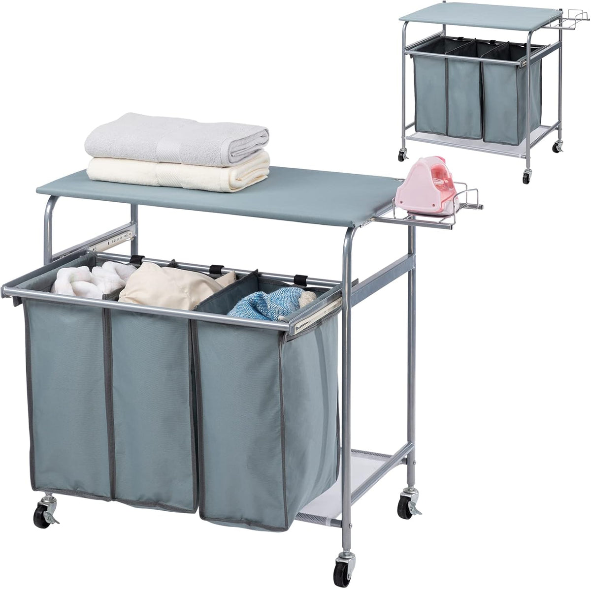Laundry Sorter Cart with Ironing Board Rack, 3 Bags, 4 Wheels, Black F176
