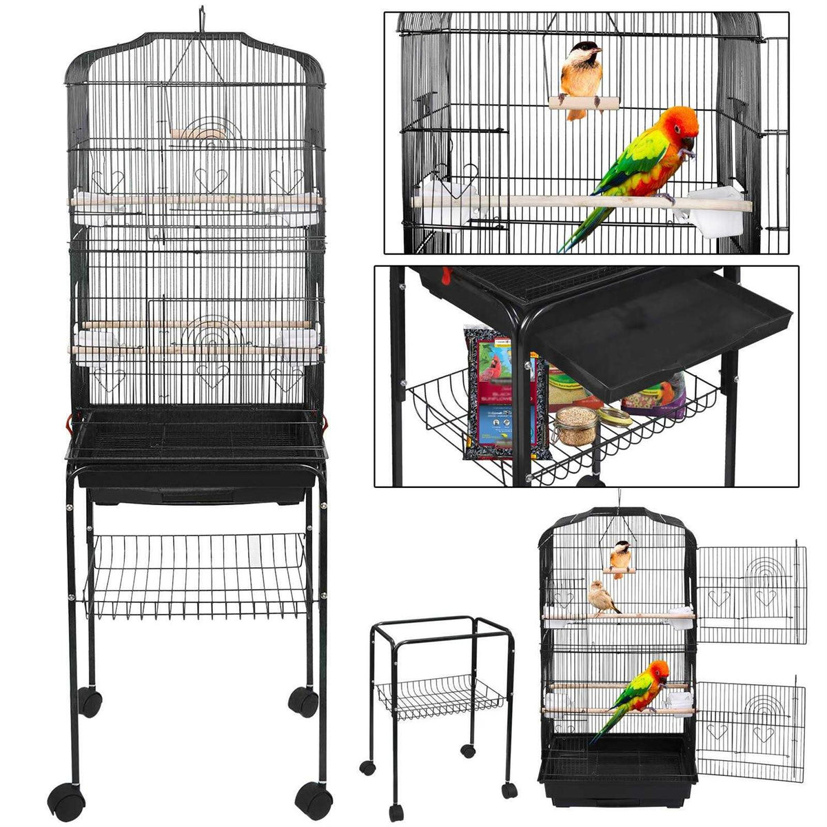 Large Wrought Iron Bird Cage with Rolling Stand L212