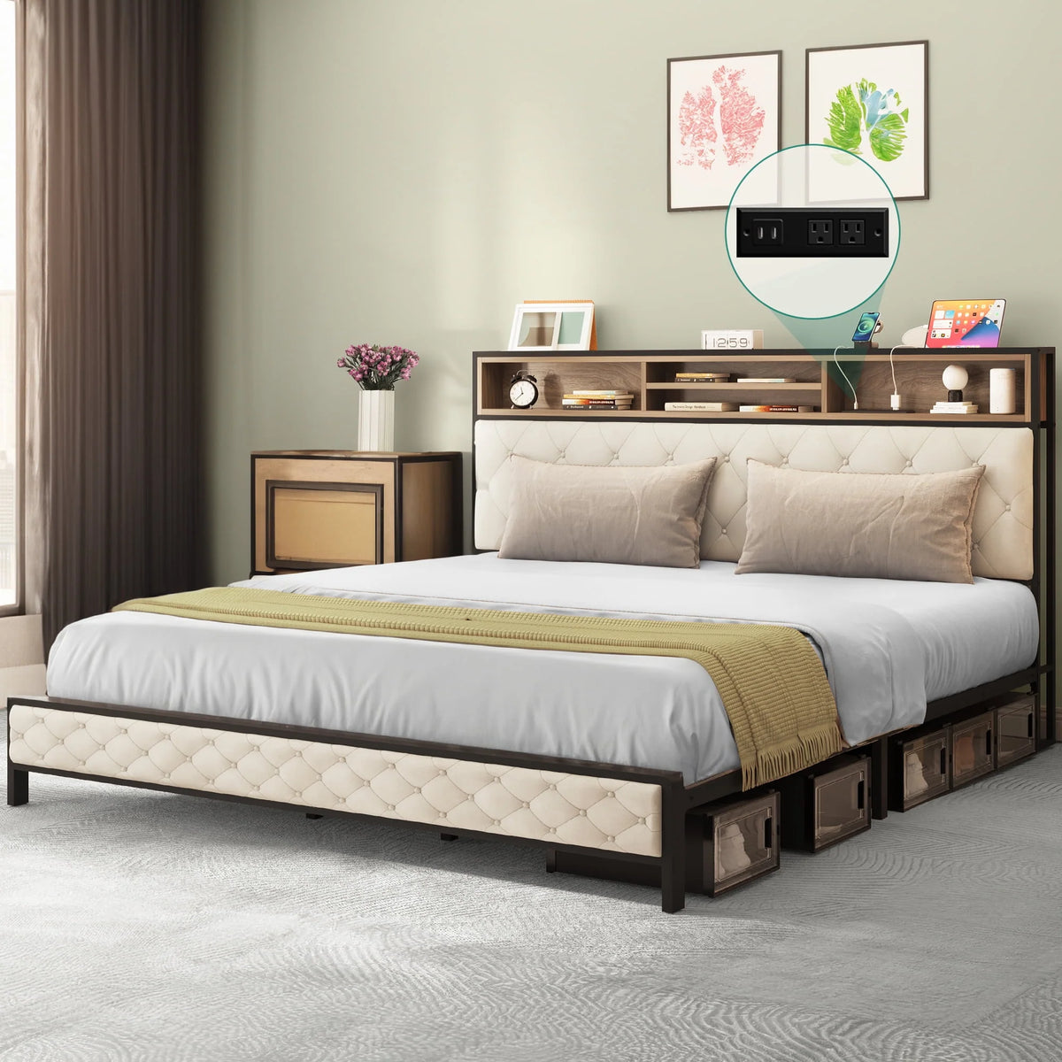 Queen Size Beige Bed Frame with Charging Station and Storage Headboard X3009