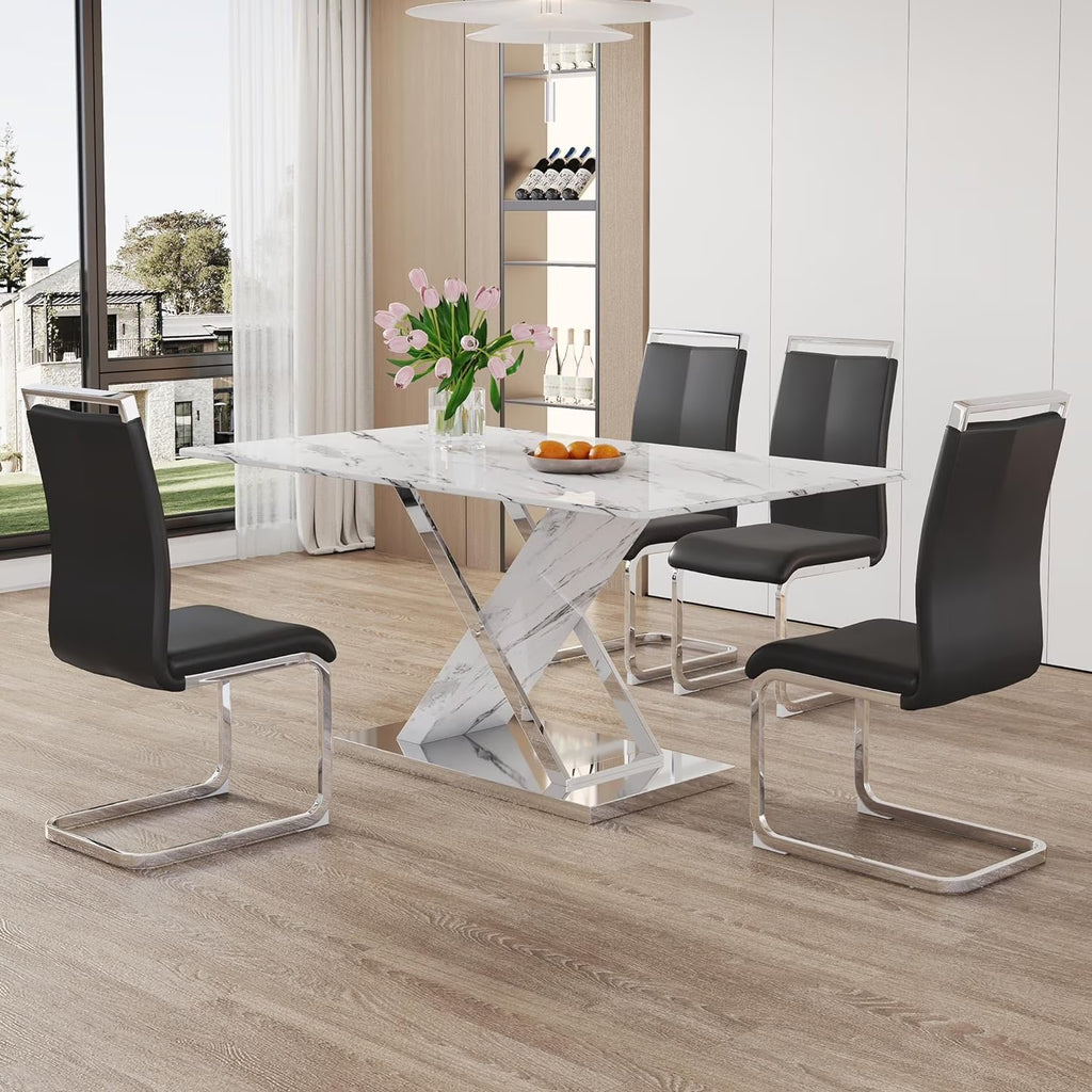 Black Faux Marble Dining Table Set of 4 with Chairs O88140