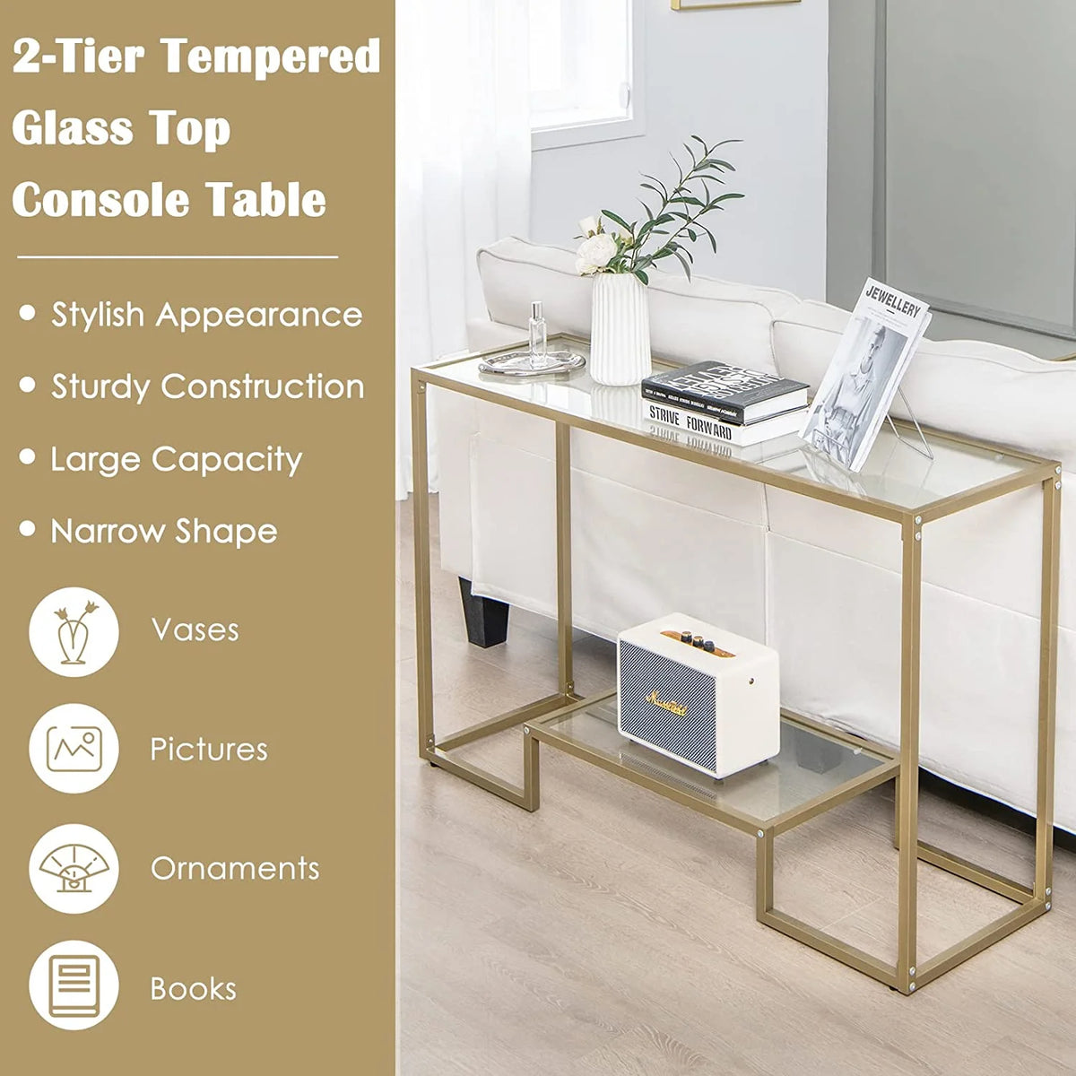 48” 2-Tier Console Table with Tempered Glass Tabletop & Golden Metal Frame O186505