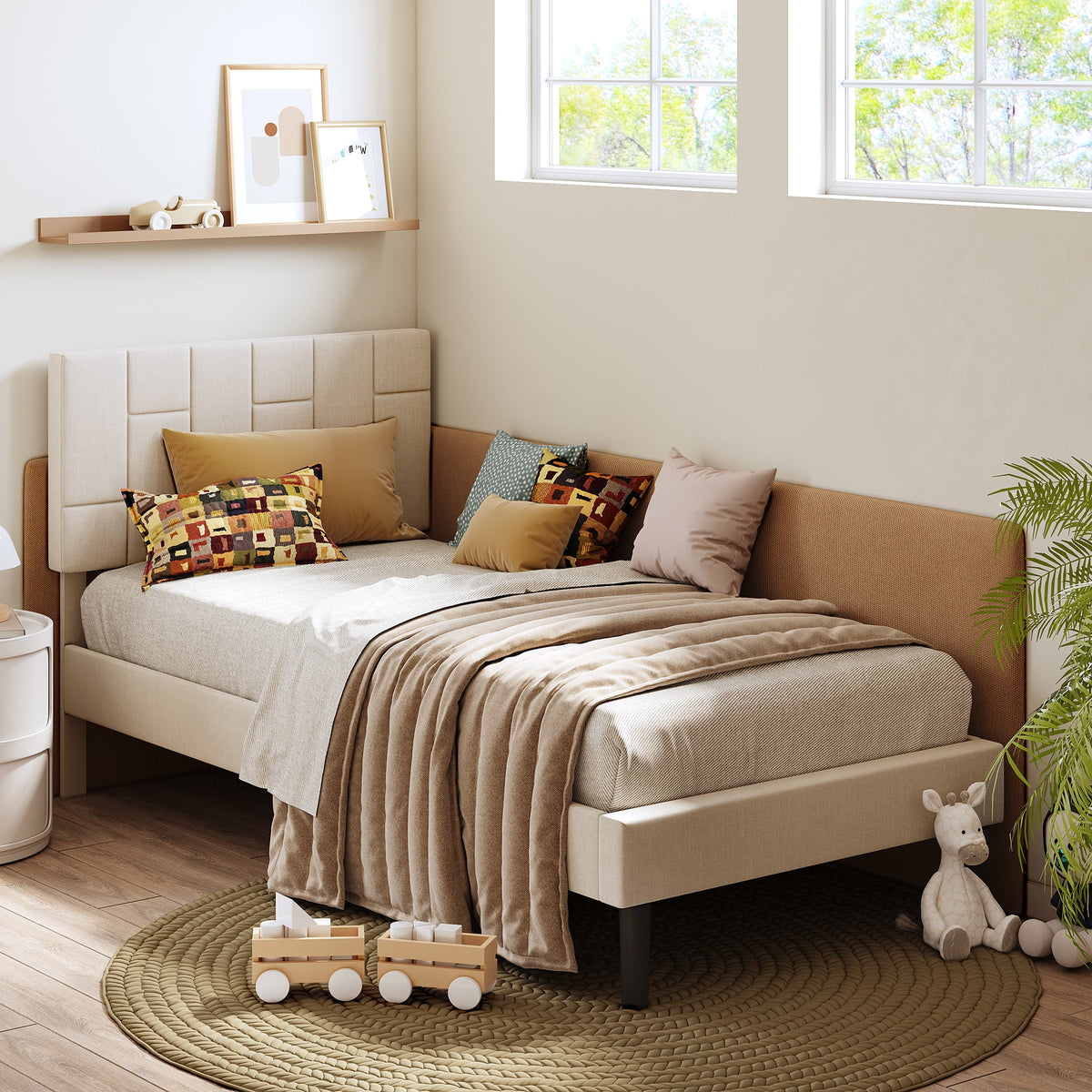 Beige Upholstered Twin Bed Frame E5593