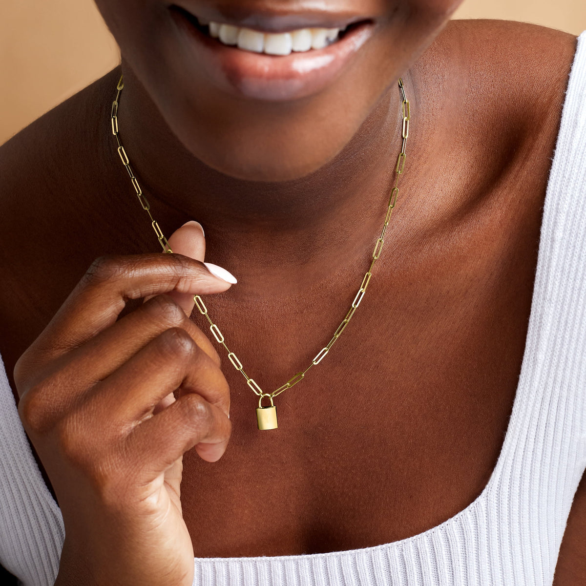 14kt Yellow Gold Paper Clip Link Padlock Necklace S47102
