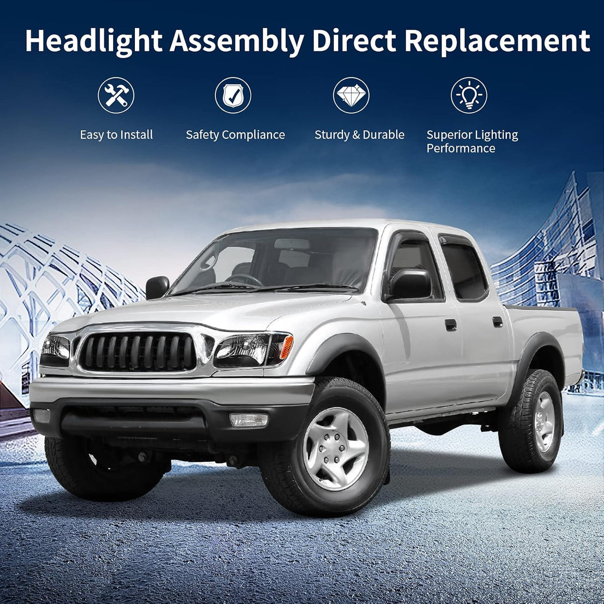 Headlight Assembly Replacement for Tacoma 2001-2004 Pickup Truck Black Housing Amber Reflector Clear Lens with Bumper Lights U9009
