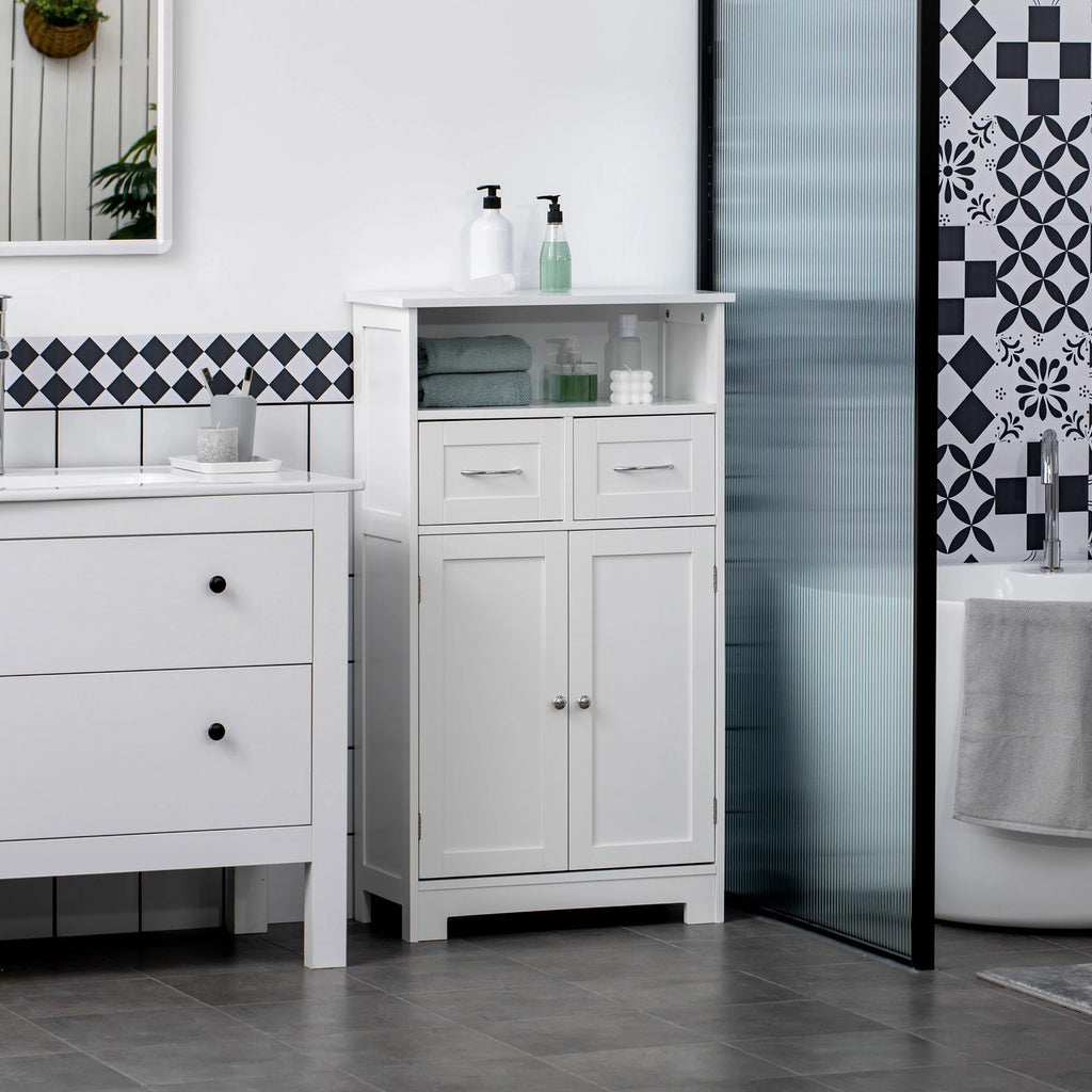White Freestanding Bathroom Cabinet with Two Drawers and Adjustable Shelf T381