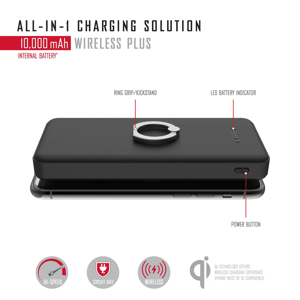 10,000mAh Portable Charger with Wireless Charging, Black K82859