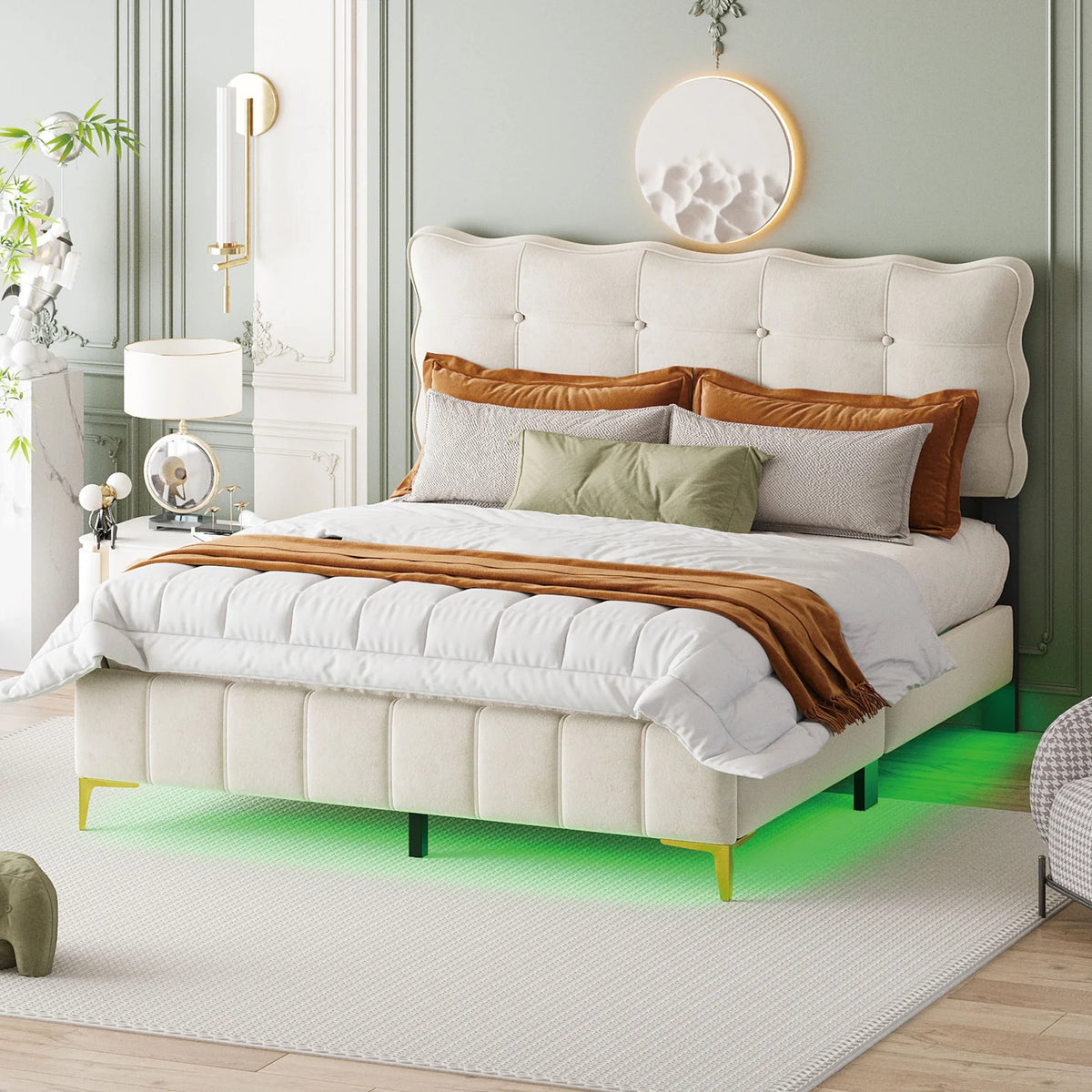 Queen Size Beige Velvet Upholstered Platform Bed with LED U32448