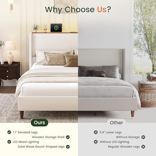 Queen Size Linen Upholstered Platform Bed Frame with Storage Shelf O889