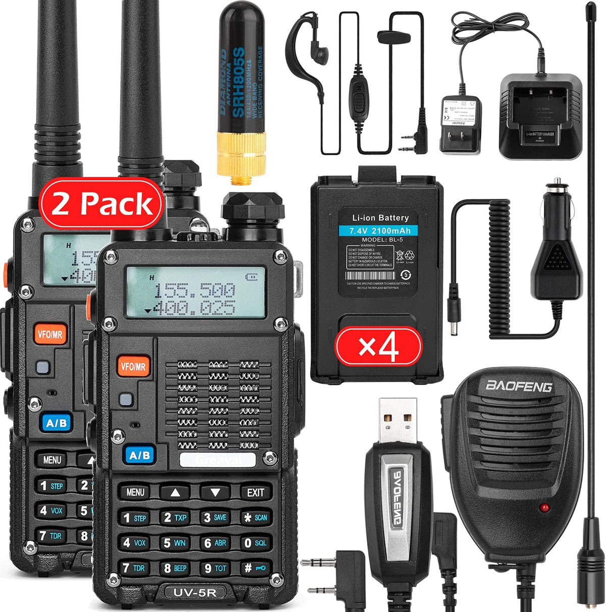 2 Pack UHF VHF Dual Band Handheld Walkie Talkie with Earpiece and Programming Cable V828
