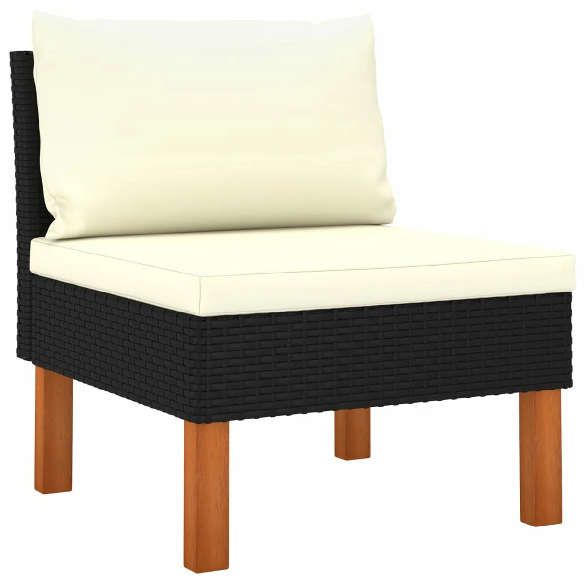 Middle Sofa with Cream White Seat and Back Cushions Black Poly Rattan Eucalyptus Wood Outdoor Sofa C23813