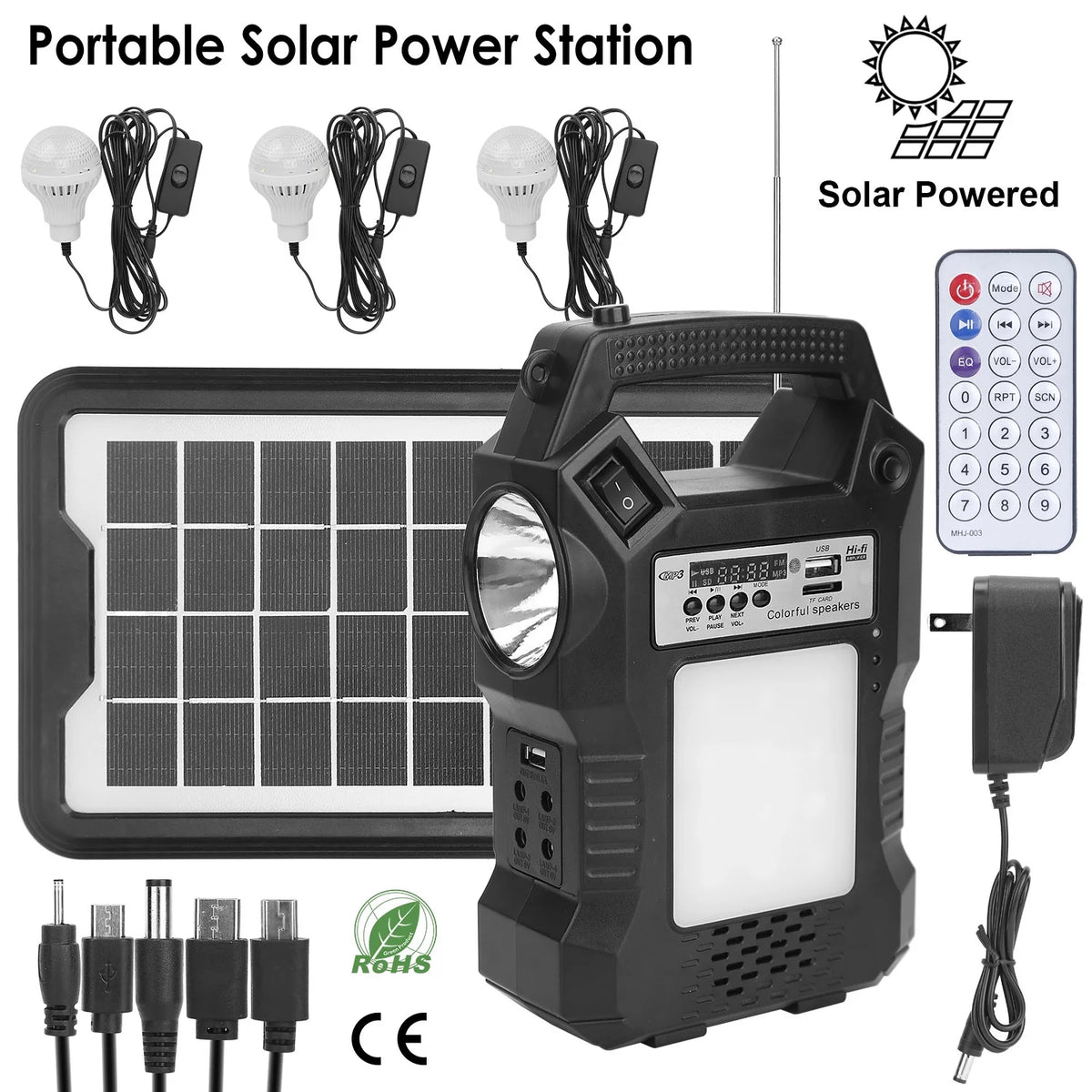 Portable Solar Power Station Rechargeable Power Bank with Flashlight Black H5495