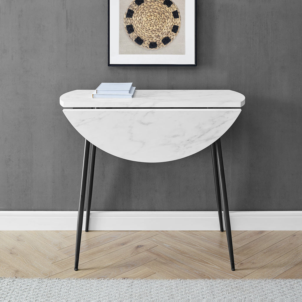 Modern Round Drop Leaf Faux White Marble Dining Table D78627