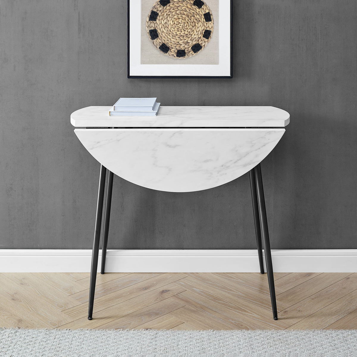 Modern Round Drop Leaf Faux White Marble Dining Table D78627