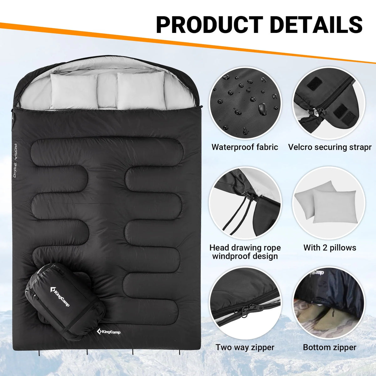 Double 2 Person 3 Season Camping Sleeping Bag with 2 Pillows G8724