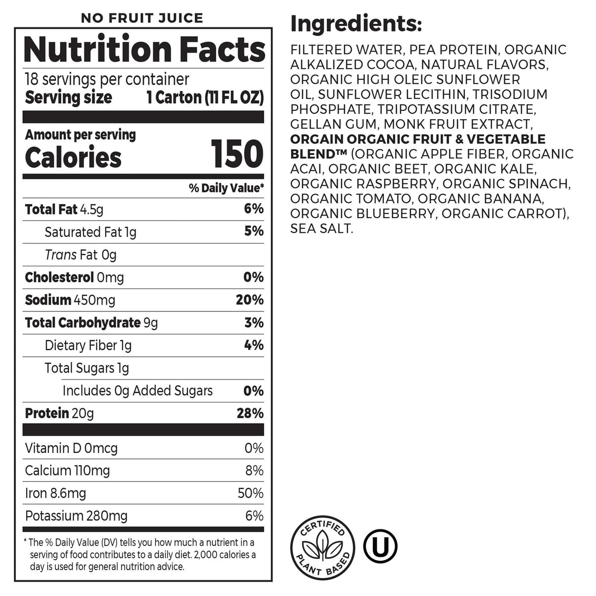 Chocolate Plant-Based Protein Shake 11 fl oz 18-pack D920