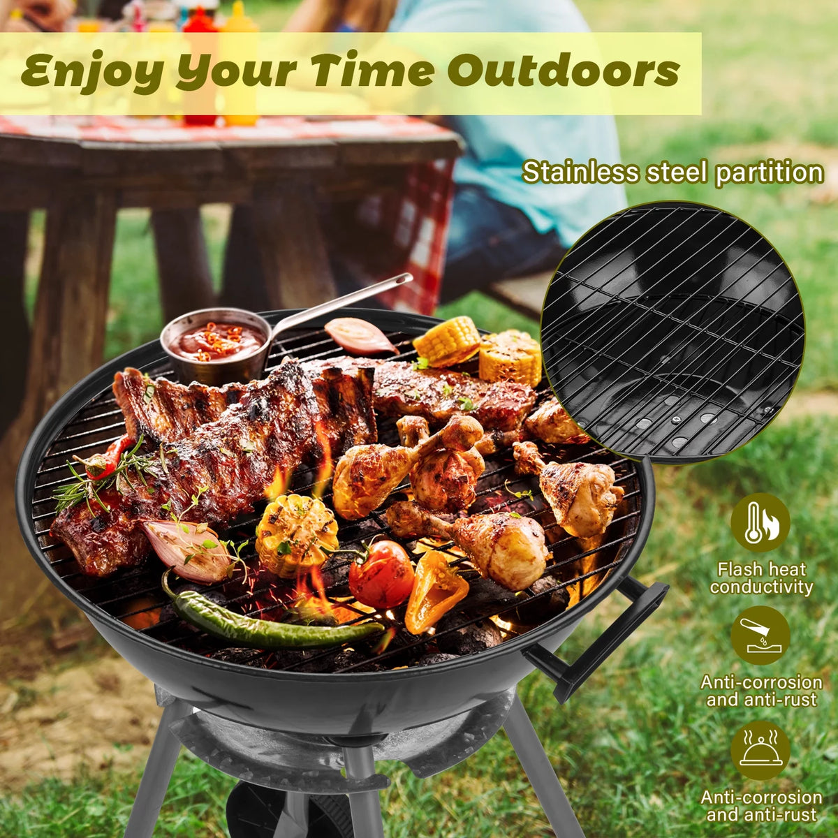 Charcoal Grills, Portable BBQ Kettle Grill, Heavy Duty Coal Grills, Black N38530