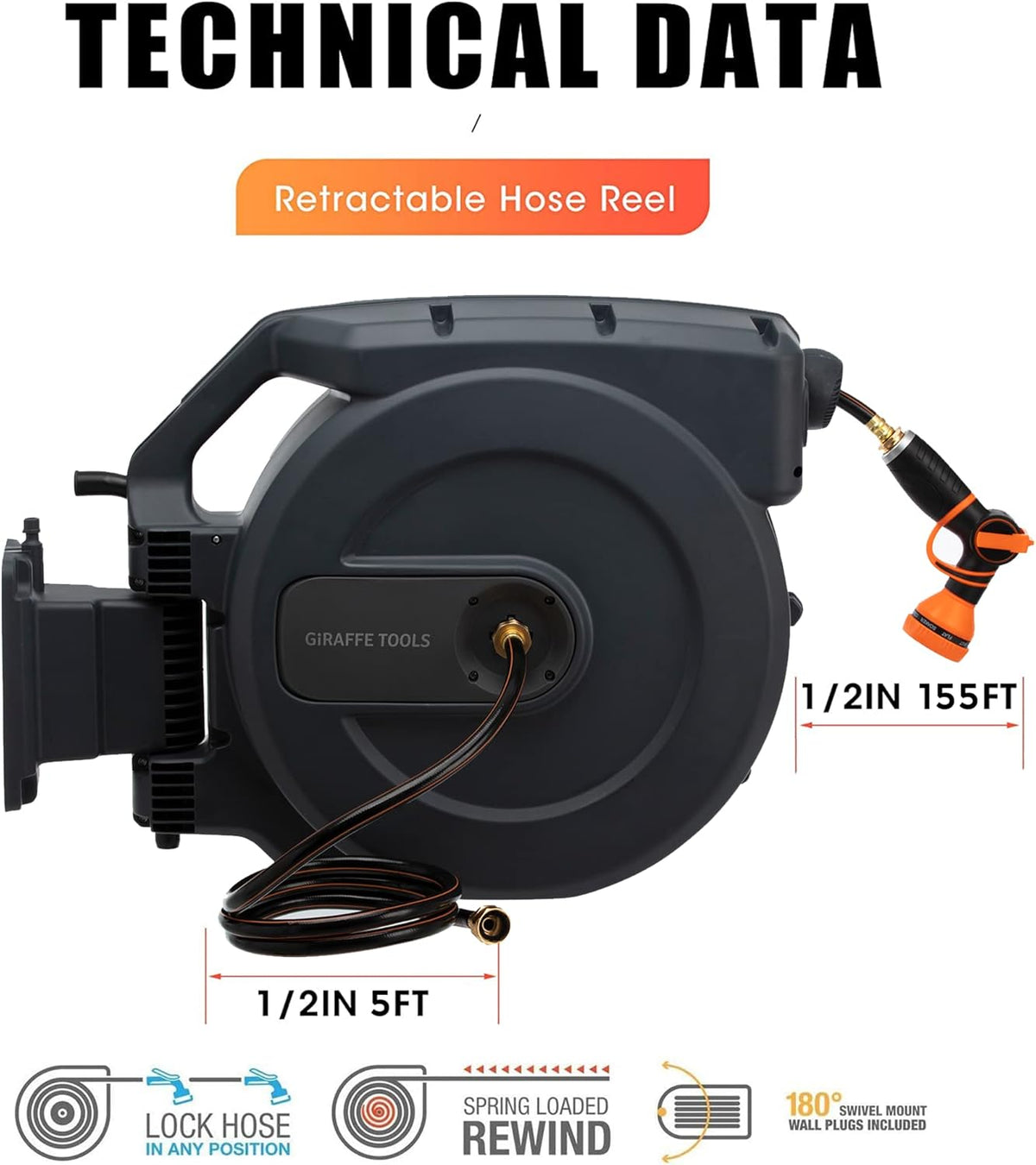 Retractable Wall Mounted Garden Hose Reel 1/2" x 155+5 ft O16380