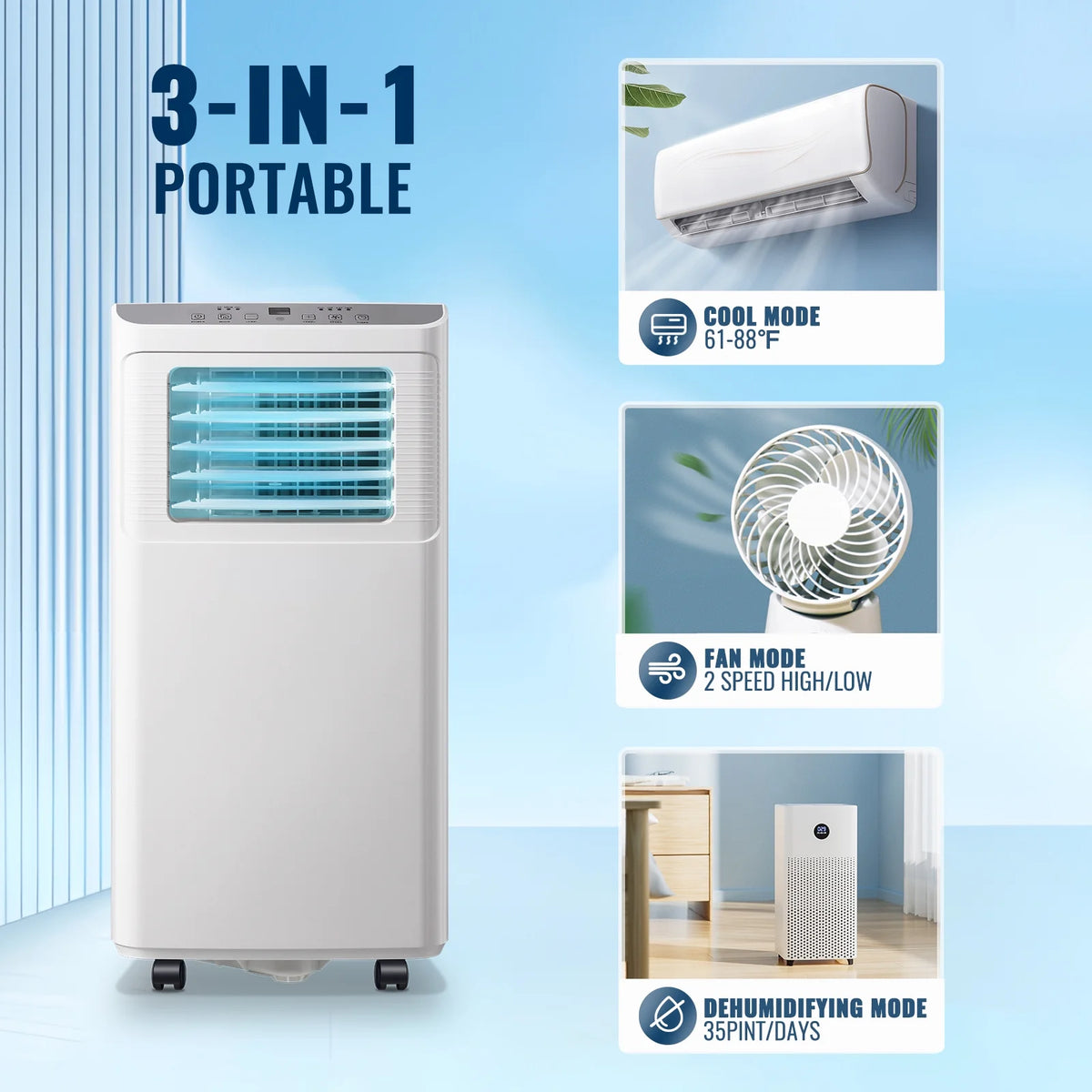 White 8000 Btu Portable Air Conditioner with Dehumidifier and Fan Mode I327